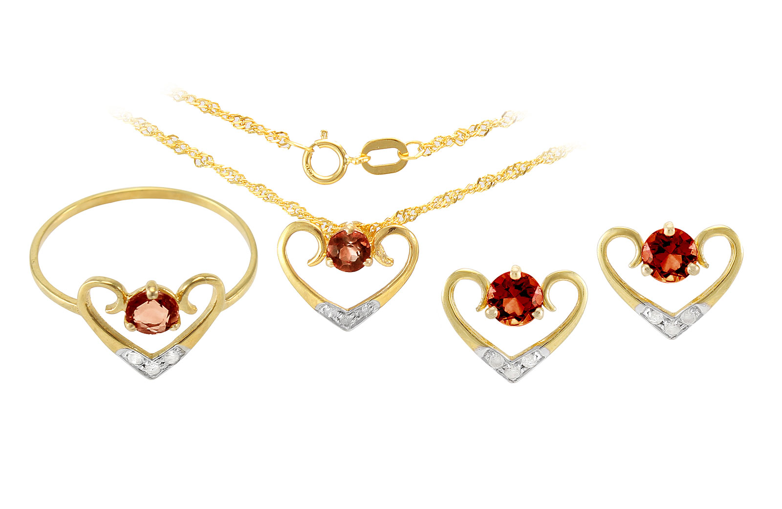 VP Jewels: 18K Solid Yellow Gold 0.12CT Genuine Diamonds  and 4mm Garnet   Heart Jewelry Set