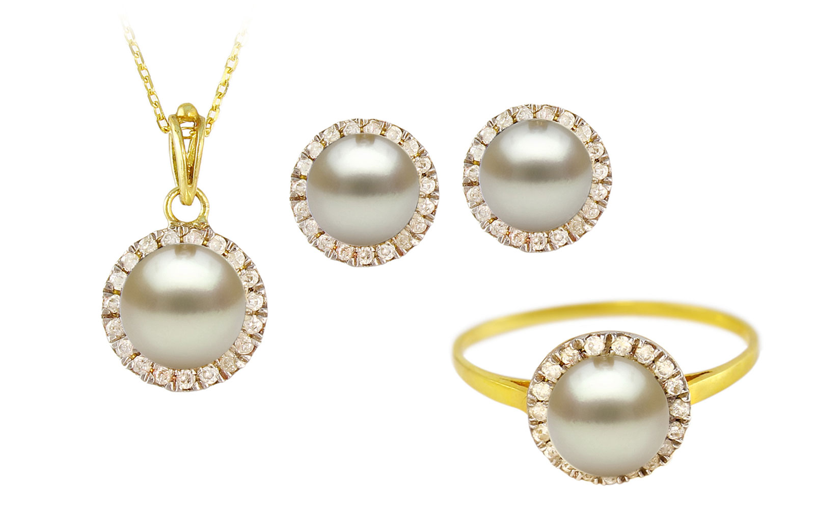 VP Jewels: 18K Solid Yellow Gold 0.40CT Genuine Diamonds  and 6mm Genuine Pearl Jewelry Set 