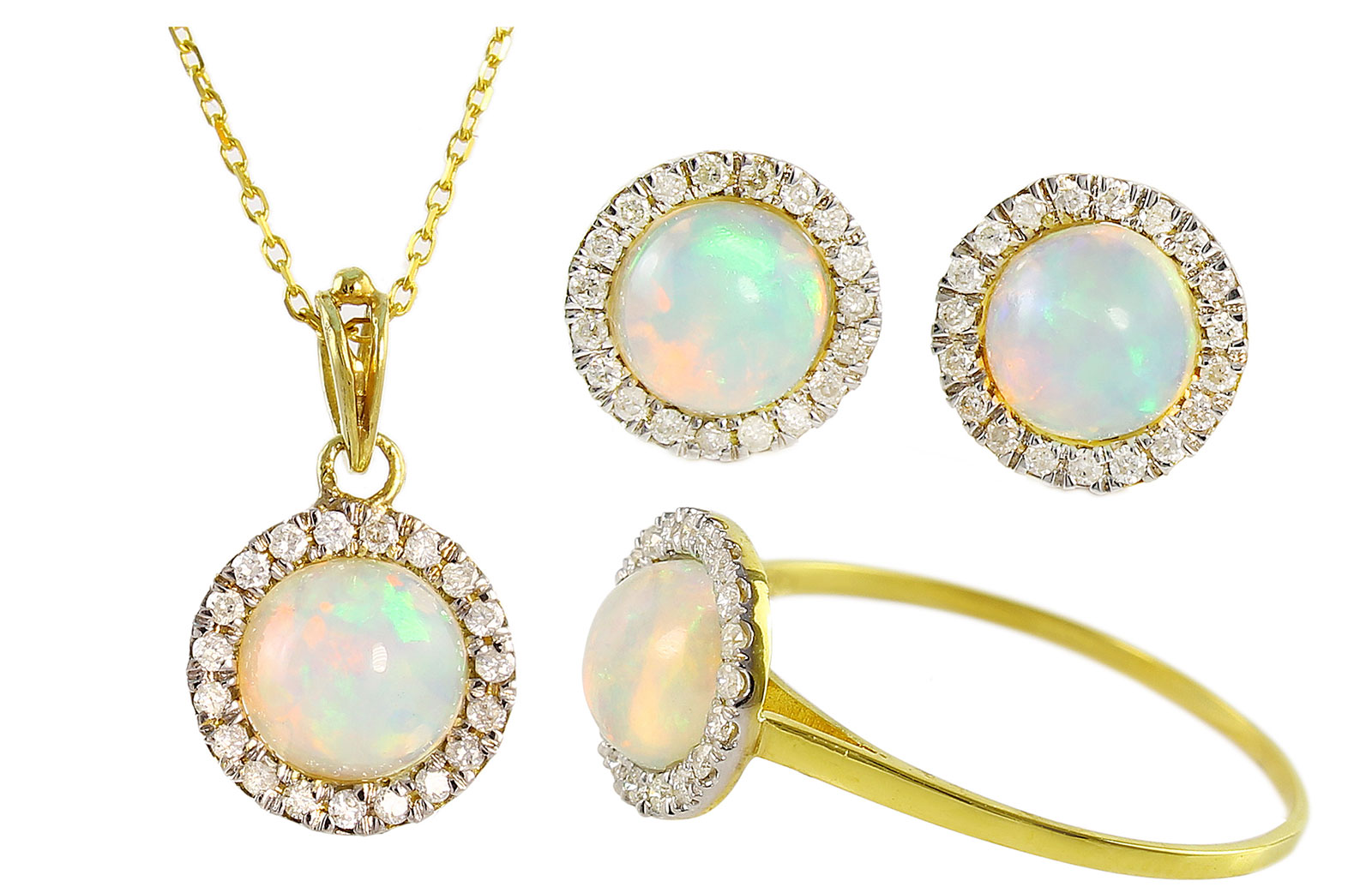 VP Jewels: 18K Solid Yellow Gold 0.40CT Genuine Diamonds  and 6mm Round Cabochon Cut Opals Jewelry Set